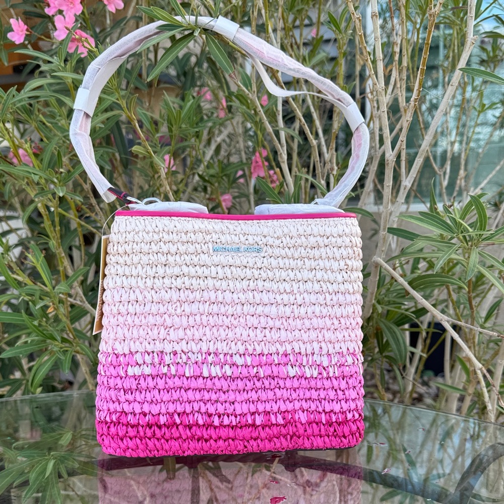 Michael Kors Pratt Dragon Fruit Ombre Medium Shoulder Woven Bag